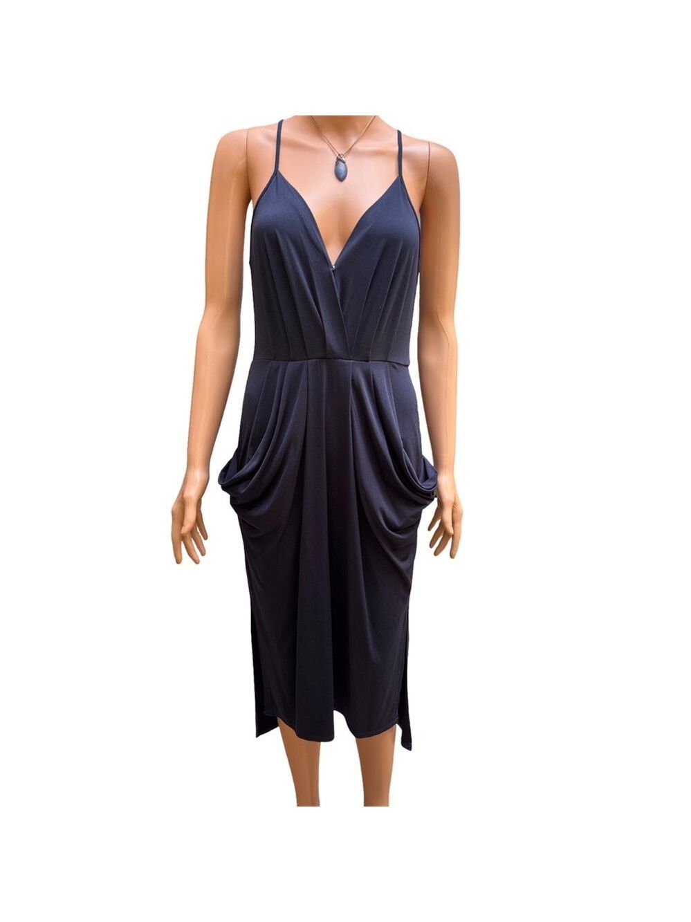BCBGeneration Deep Blue V-Neck Sleeveless MIDI Dress Small